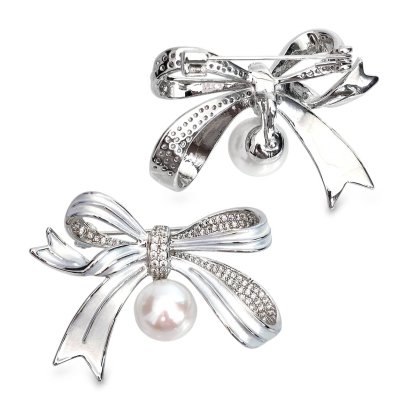 Approx. 10.0 - 11.0 mm, Edison Pearl, Bow CZ Pearl White Enamel Alloy Brooch