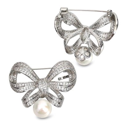 Approx. 10.0 - 11.0 mm, Edison Pearl, Bow CZ Pearl Alloy Brooch