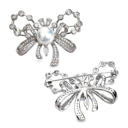Approx. 10.0 - 11.0 mm, Edison Pearl, Bow CZ Pearl Alloy Brooch