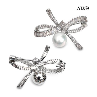 Approx. 10.0 - 11.0 mm, Edison Pearl, Bow CZ Pearl Alloy Brooch