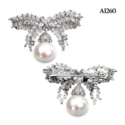 Approx. 10.0 - 11.0 mm, Edison Pearl, Bow CZ Dangle Pearl Alloy Brooch