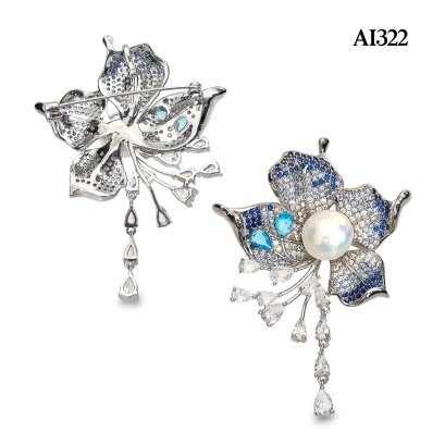 Approx. 10.0 - 11.0 mm, Edison Pearl, Bunga Raya CZ Pearl Alloy Brooch