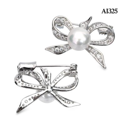 Approx. 9.0 - 10.0 mm, Edison Pearl, Bow CZ Pearl Brooch