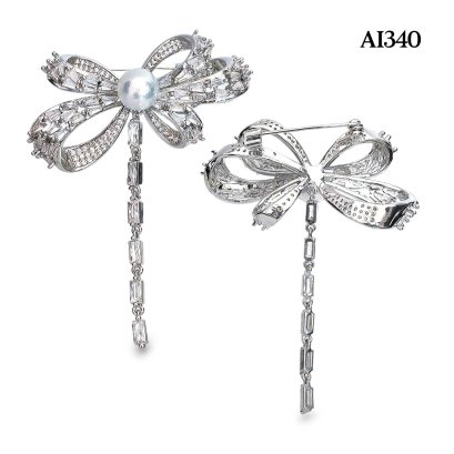 Approx. 8.0 mm, Akoya Pearl, Bow CZ Pearl Alloy Brooch