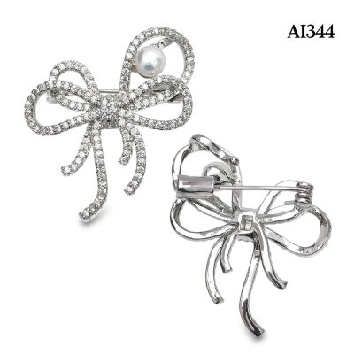 Approx. 5.0 mm, AK Pearl, Bow CZ Pearl Alloy Brooch