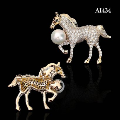 Approx. 11.0 mm, Edison Pearl, Horse CZ Paved Pearl Alloy Brooch