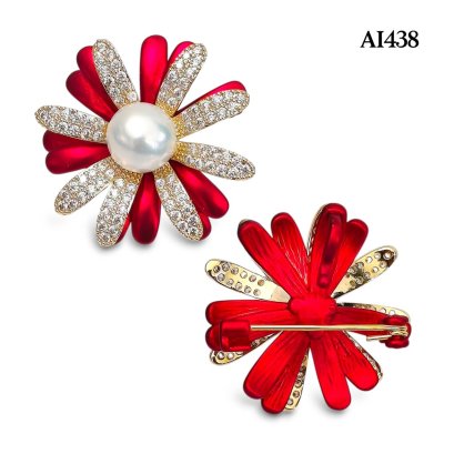 Approx. 9.0 - 10.0 mm, Edison Pearl, Red Velvet Flower Pearl Alloy Brooch