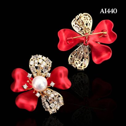 Approx. 9.0 - 11.0 mm, Edison Pearl, Red Bunga Raya Pearl Alloy Brooch