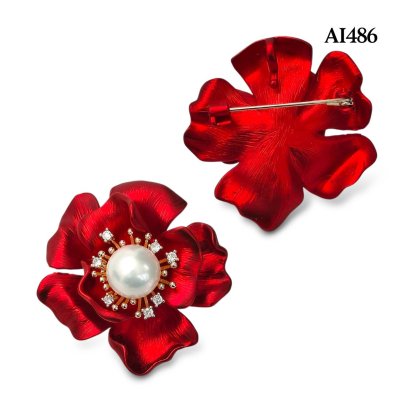Approx. 10.0 - 11.0 mm, Edison Pearl, Red Velvet Sakura Pearl Alloy Brooch