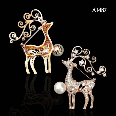 Approx. 9.0 - 10.0 mm, Edison Pearl, Raindeer CZ Pearl Alloy Brooch