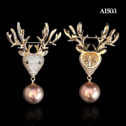 Approx. 14.0 mm, Edison Pearl, Raindeer Dangle Pearl Alloy Brooch