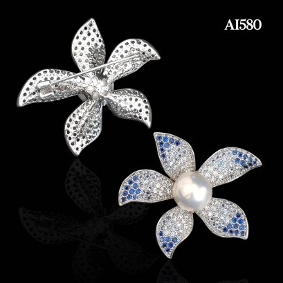 Approx. 9.0 - 10.0 mm, Edison Pearl, Blue CZ Flower Pearl Alloy Brooch