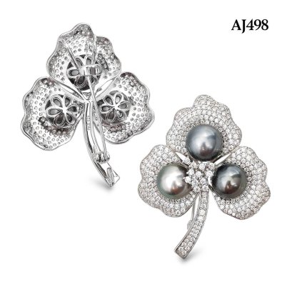 Approx. 10.0 mm, Tahitian Pearl, Triple Pearl Leaf CZ Paved Brooch