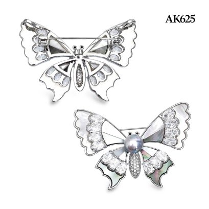 Approx. 8.0 mm, Akoya Pearl, Butterfly MOP Pearl Alloy Brooch