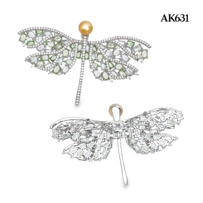 Approx. 8.0 mm, Gold South Sea Pearl, Green Dragonfly Pearl Alloy Brooch