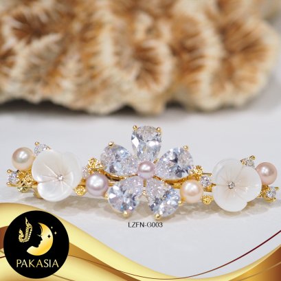 กิ๊บติดผม Barrette ดอกซากุระ มุกน้ำจืดคัดเกรด สีมัลติคัลเลอร์ ทรงซาลาเปา ขนาด 4-5mm เกรด AA ตัวเรือน Alloy ชุบทอง ประดับเพชร CZ และเปลือกหอยมุก  LZFN-G003/บ003
