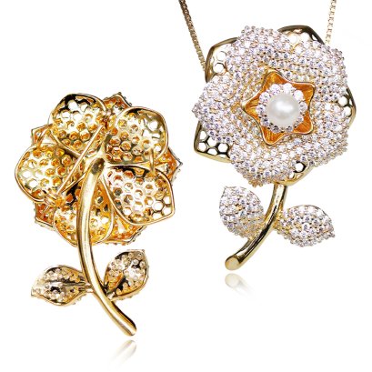 เข็มกลัดไข่มุกดอกไม้ประดับเพชร ไข่มุก Akoya