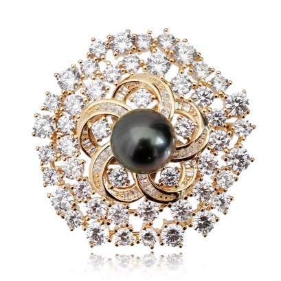 เข็มกลัด "ริบบิ้นดอกไม้เพชรรัศมี" ไข่มุก Tahitian Pearl