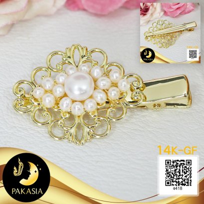 กิ๊บติดผมวินเทจดวงตาคลีโอพัตรา ประดับไข่มุกน้ำจืดคัดเกรด สีขาว ทรงซาลาเปาและทรงไข่ ขนาด 3.5-8 mm เกรด AA+ ตัวเรือนกิ๊บติดผมแบบ Alligator Hair clip Gold Filled 14k / 7.7.64