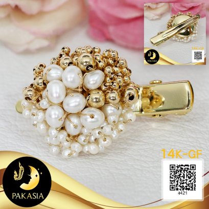 กิ๊บติดผมรังนก Two Tone สองสี ประดับไข่มุกน้ำจืดคัดเกรด สีขาว ทรงกลม ขนาด 2-5 mm เกรด AA+ ตัวเรือนกิ๊บติดผมแบบ Alligator Hair Clip และบอล Gold Filled 14k / 18.7.64