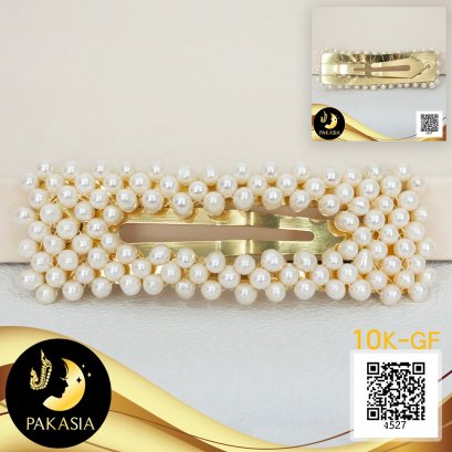 กิ๊บติดผมไข่มุกทรงสี่เหลี่ยมผืนผ้าใหญ่ ประดับไข่มุกน้ำจืดคัดเกรด สีขาว ทรงกลม ขนาด 4 mm เกรด AA+ ตัวเรือนกิ๊บติดผมแบบ Snap Clip Gold Filled 10K / 15.9.64