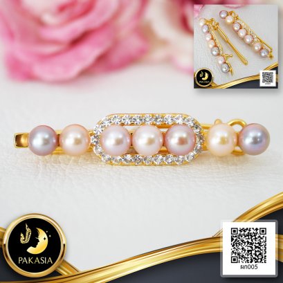 กิ๊บติดผมไข่มุก 7 เม็ด ล้อมพลอยแท้ มุกน้ำจืดคัดเกรด สีม่วง-พีช ทรงเกือบกลม ขนาด 5.0-6.0 mm เกรด AAA ตัวเรือนเงินแท้ 925 ชุบทอง ประดับพลอยแท้ White Topaz 1.5 ct / 21.11.64