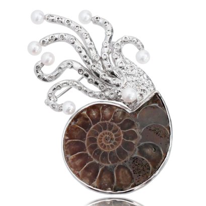เข็มกลัดจี้"นอติลุสประดับไข่มุก" ฟอสซิล Amonite (เล็ก)