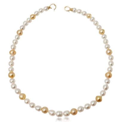 สร้อยคอไข่มุก South Sea สีขาวล้วนคั่นไข่มุกสีทองแบบไล่ระดับ