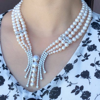 สร้อยคอไข่มุก Freshwater  ล้วนแบบไล่ระดับ 3 สายจี้หยาดเพชร