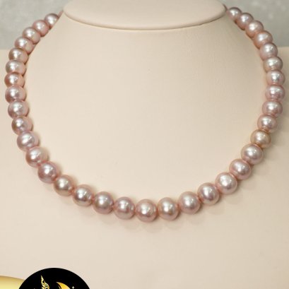 สร้อยคอมุกล้วน ปรับรูดได้  มุกทรงกลม สีโอรส ขนาด 10 mm. เกรด A+ ตะขอเงินแท้ 92.5 ชุบทองคำขาว / SN760YS617