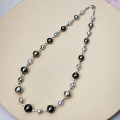 Approx. 7.0 - 12.0 mm, Akoya and Tahitian Pearl, Alternating Sizes Station Pearl Necklace