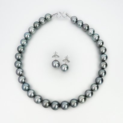 Approx. 12.0 mm - 14.0 mm, Pewter Gray Lot, Tahitian Pearl, Demi Parure Pearl Set