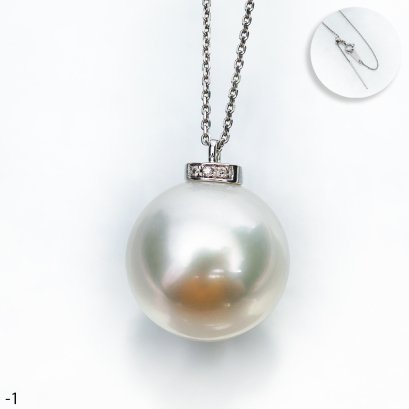 Approx. 13.0 -14.0 mm, White South Sea Pearl, Diamond Pearl Pendant with Needle Cable Chain Necklace