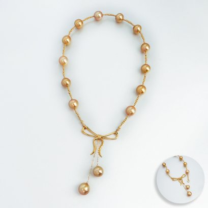 11.81 - 13.34 mm, Gold South Sea Pearl, Station Pearl Beads Necklace with Bow Dangle Twin Pearl Pendant