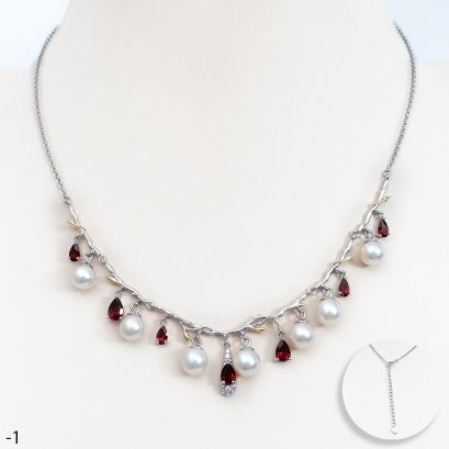 Approx. 6.0 -7.0 mm, Akoya Pearl, Fairy Tale Garnet Dangle Pearls Chain Necklace