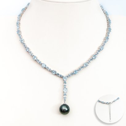 12.68 mm, Tahitian Pearl, Solitaire Pearl Pendant with Sky Blue Topaz Necklace