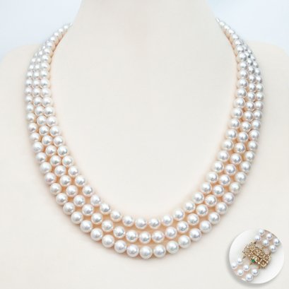 Approx. 7.0 - 8.0 mm, Akoya Pearl, Triple Layers Uniform Pearl Necklace