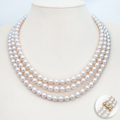 Approx. 7.5 mm, Akoya Pearl, Triple Layers Uniform Pearl Necklace