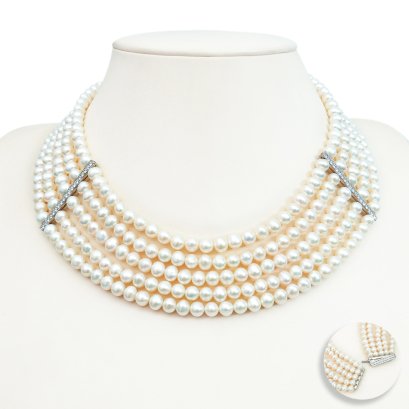 Approx. 5.0 - 6.0 mm, Freshwater Pearl, Five Layers Victorian Vintage Style Choker Length Necklace