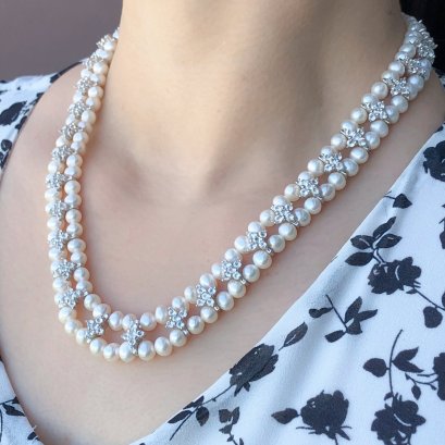Approx. 5.0 - 6.0 mm, Freshwater Pearl, "Twingle Stars"Double Layers Pearl Necklace