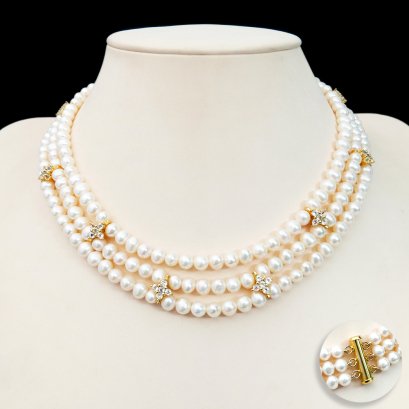 Approx. 5.0 - 6.0 mm, Freshwater Pearl, Three Layers Victorian Vintage Style Choker Length Necklace