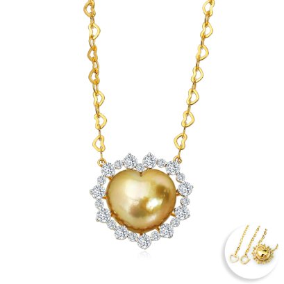 Approx. 12.60 mm, Heart Shaped Pearl, "Luminous Love" Heart Shaped Pearl Diamond Halo Pendant with Heart Link Chain Necklace