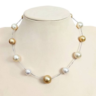 Approx. 11.0 - 14.0 mm, Oriental Odyssey and Shy Guy Lot, Gold South Sea Pearl, Station Alternating Sizes Pearl Necklace
