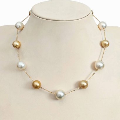 Approx. 11.0 - 13.0 mm, Oriental Odyssey and Shy Guy Lot, Gold South Sea Pearl, Station Alternating Sizes Pearl Necklace