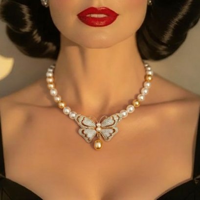 11.17 - 12.29 mm and 14.44 mm, South Sea Pearl, Multicolored Graduated Pearl Necklace with Midnight Moth Dangle Pearl Pendant