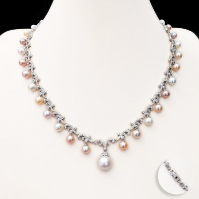 Approx. 6.5 - 7.0 mm and 11.04 mm, Freshwater Pearl, "Glory Glory" Station Dangle Pearl Necklace