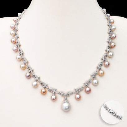 Approx. 7.0 mm and 10.91 mm, Freshwater Pearl, "Glory Glory" Station Dangle Pearl Necklace