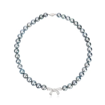 10.70 - 11.72 mm, Gray Feline, Tahitian Pearl, Bow Diamond Paved Graduated Pearl Necklace