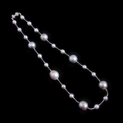 Approx. 8.0 and 15.0 - 16.0 mm, Akoya and Tahitian Pearl, Alternating Sizes Station Pearl Bead & Tube Necklace