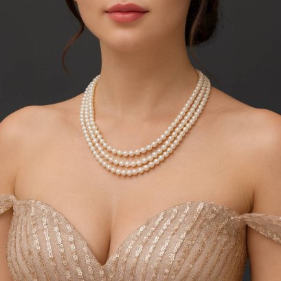Approx. 5.5 - 6.5 mm, Freshwater Pearl, Triple Strand Uniform Pearl Necklace